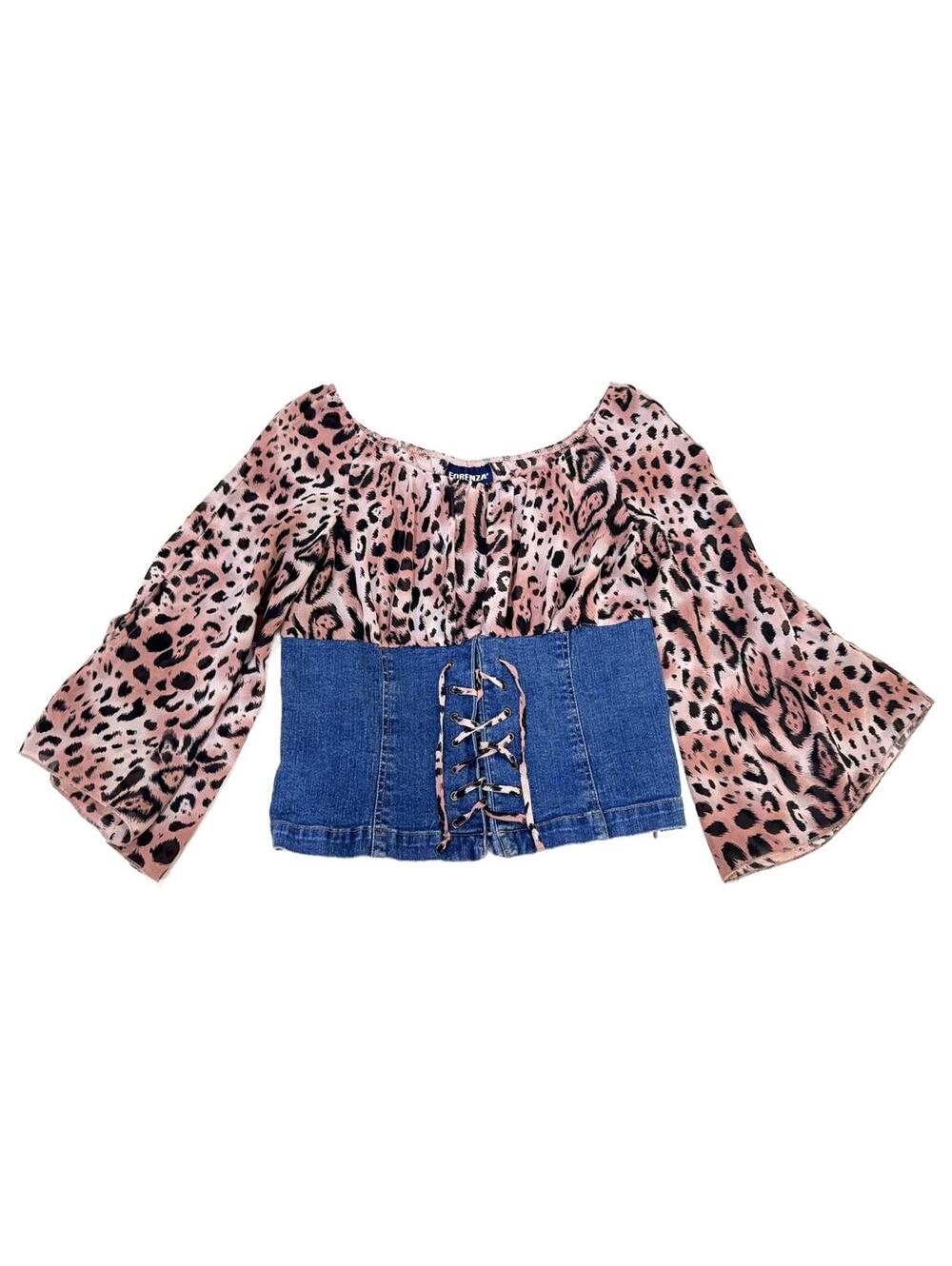 Vintage 90s Forenza Pink Leopard Print Denim Corset Blouse Top Size 10